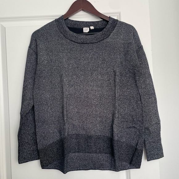 GAP Tops - Gap Women’s Sz M Sweater Black Silver Metallic Hi Lo Crew Neck Chic branded box